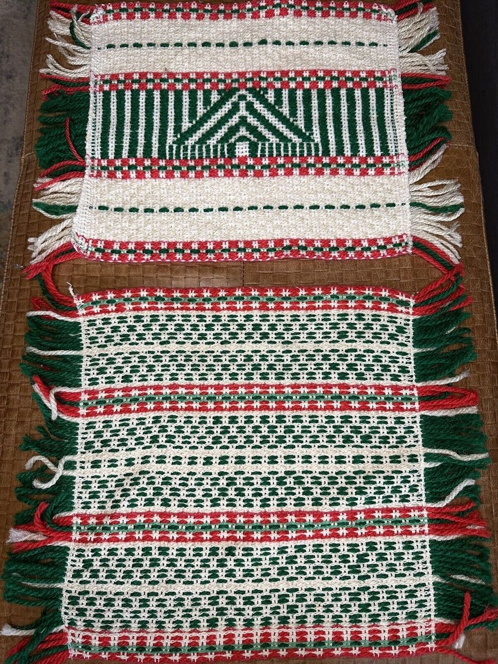 Vintage Handmade Crocheted Christmas Large Hot Pad Trivet Green Red Placemats